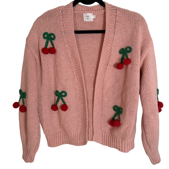 Anthropologie Sweaters - Anthropologie Luna Ivy Pink 3D Cherry Knit Cardigan Sweater Small Chunky Spring
